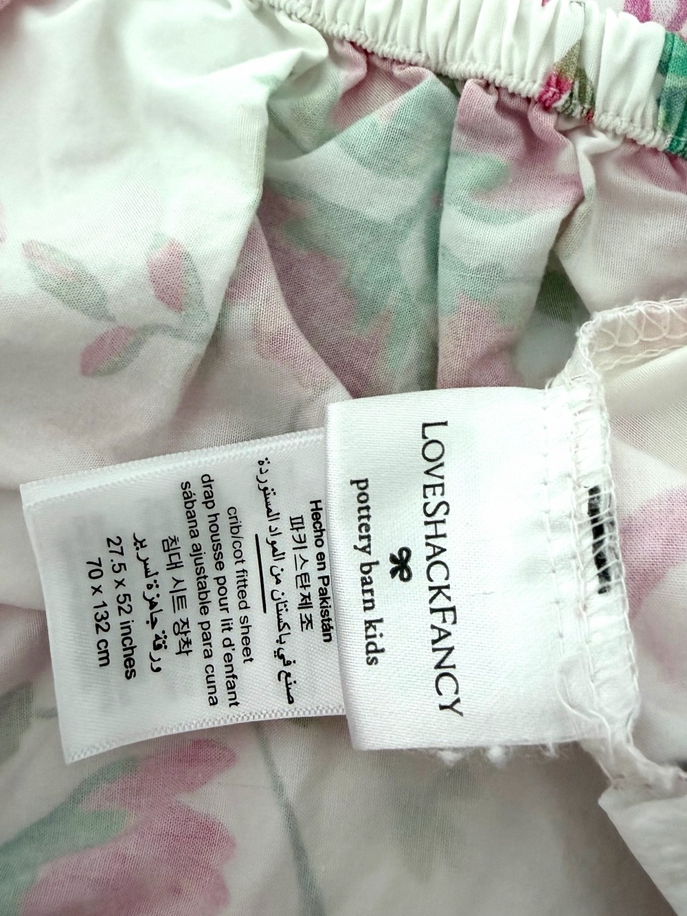 LoveShackFancy White Pink & Green Floral Ribbon Crib Sheet - Picture 3 of 3